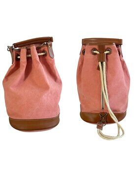 Vtg 90’s Liz Claiborne Pink Canvas Bucket Bag with Brown Trim & Rope Drawstring